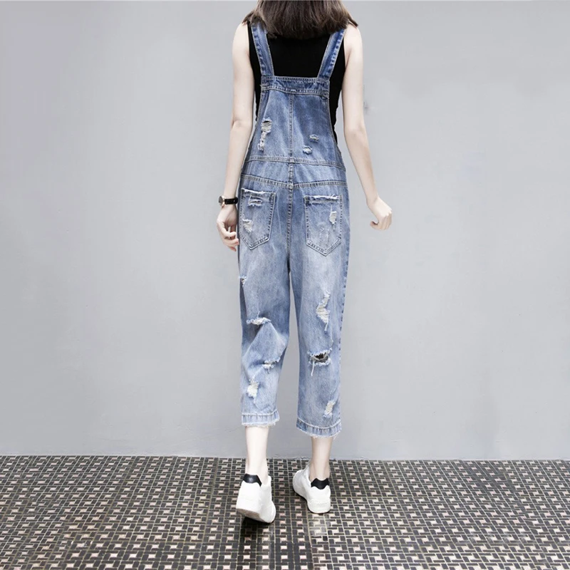 유럽 스타일 여성 찢어진 데님 점프 슈트, 2023 여름 새로운 스파게티 스트랩 포켓 캐주얼 전체 Playsuit Rompers