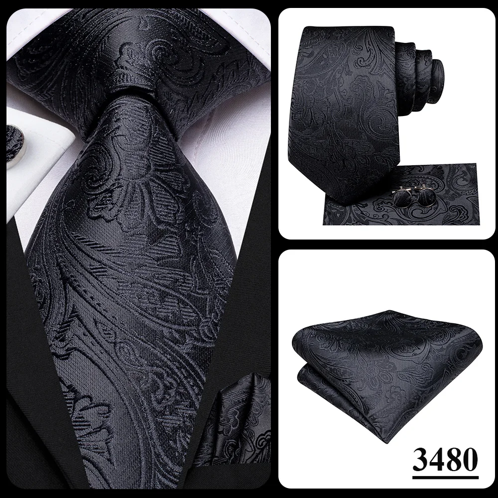 Black Floral Silk Wedding Tie Set - Elegant Necktie with Handkerchief  Cufflinks for Men