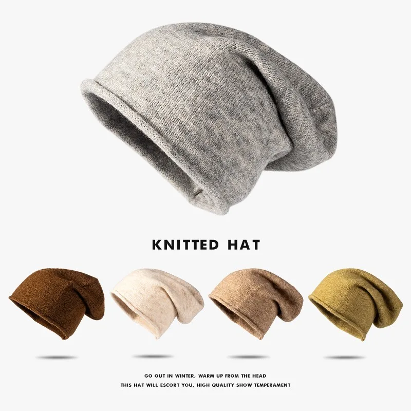 

Autumn and Winter Korean Fashion Pullover Hat Outdoor Wool Warmth Knitted Stacked Hat Women's Curled brimless Knitted Hat