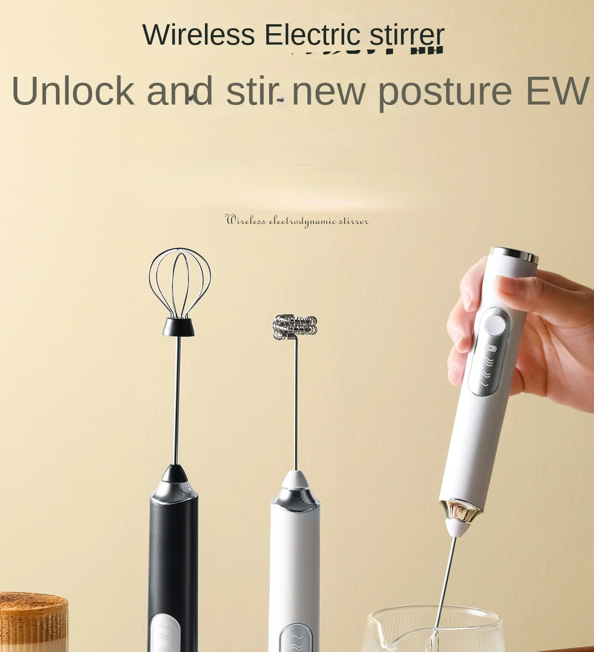 Description Picture 2 of itemMilk Frother Rechargeable Handheld Electric Whisk Coffee Frother Mixer with 3 Stainless whisks 3 Speed Adjustable Foam Maker Ble