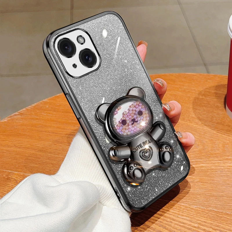 Coque de téléphone avec support à paillettes, ours mouvant, étui pour iPhone 15 14 12 13 11 Pro Mini 13pro X Xr Xs Max 7 8 6 Plus_voghion.com