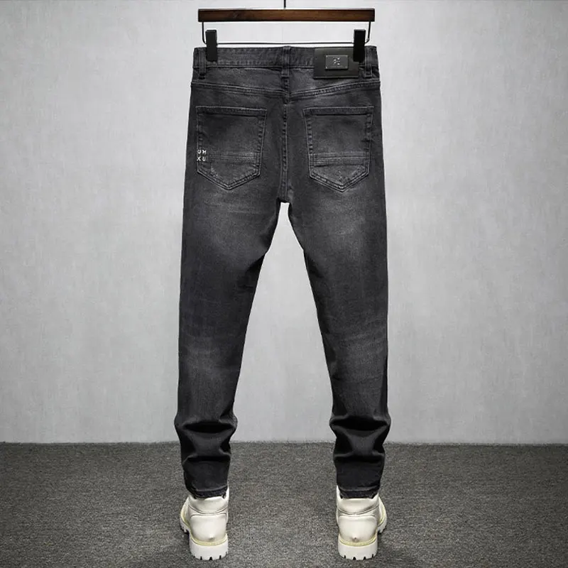 Street Fashion Men Jeans High Quality Retro Black Gray Stretch Slim Hole Ripped Jeans Men Patched Designer Vintage Denim Pants