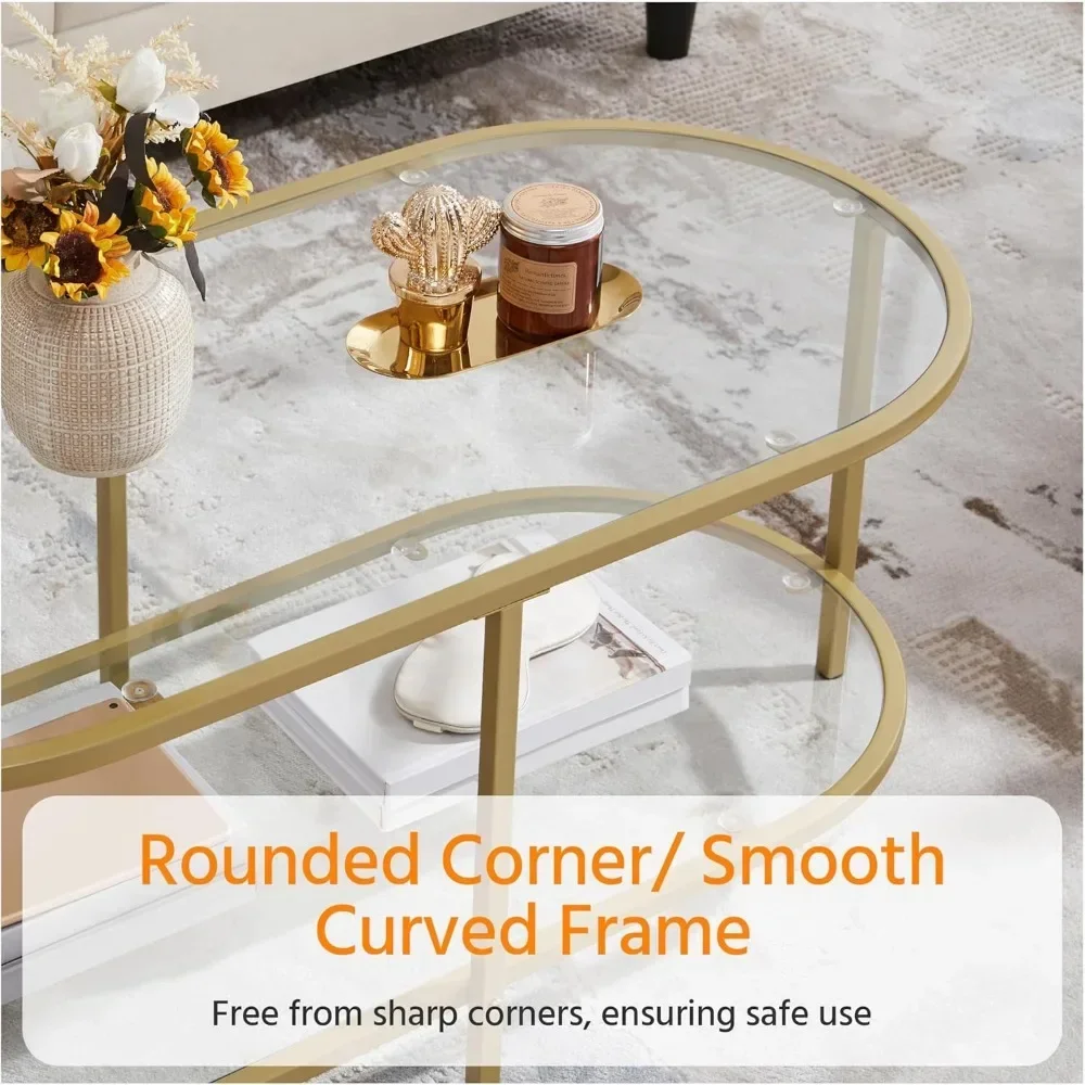 Coffee Table Oval Gold Glass 2-Tier Coffee Table, 42-Inch,   With Storage Shelves and Metal Frame,Living Room Coffee Table 4