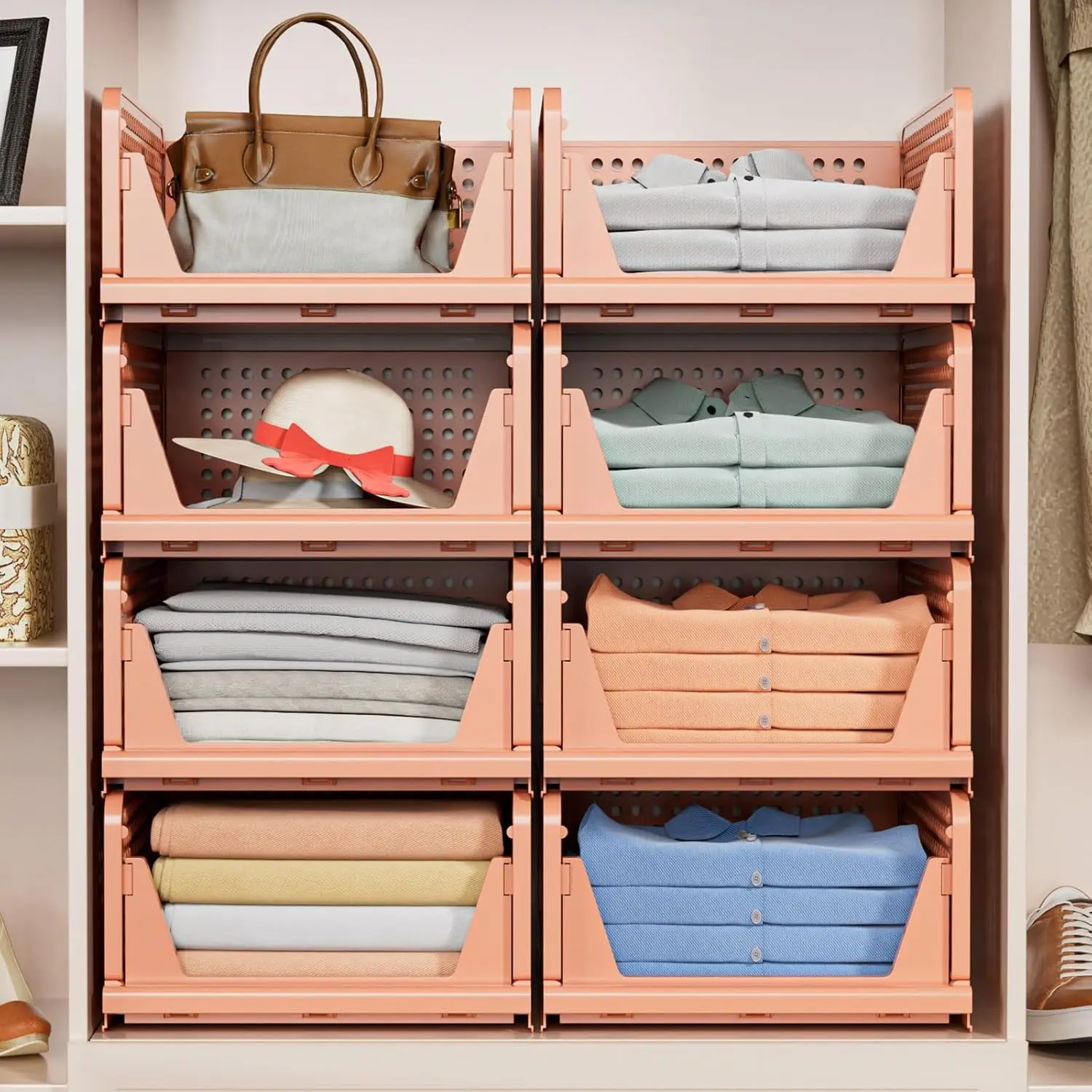 5 Pack Folding Closet Organizers Storage Box, Stackable Plastic Storage Basket, Closet Organizers and Storage Drawer Shelf Stora 6