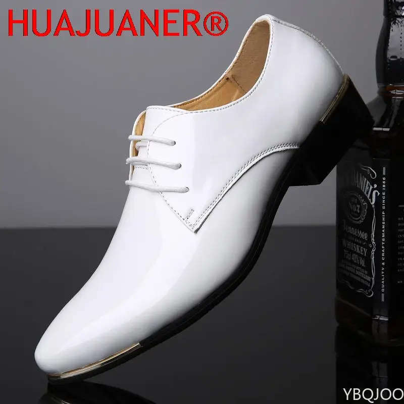 Men's Patent Leather Shoes White Wedding Shoes Size 38-48 Black Leather Soft Man Dress mens brogue shoes