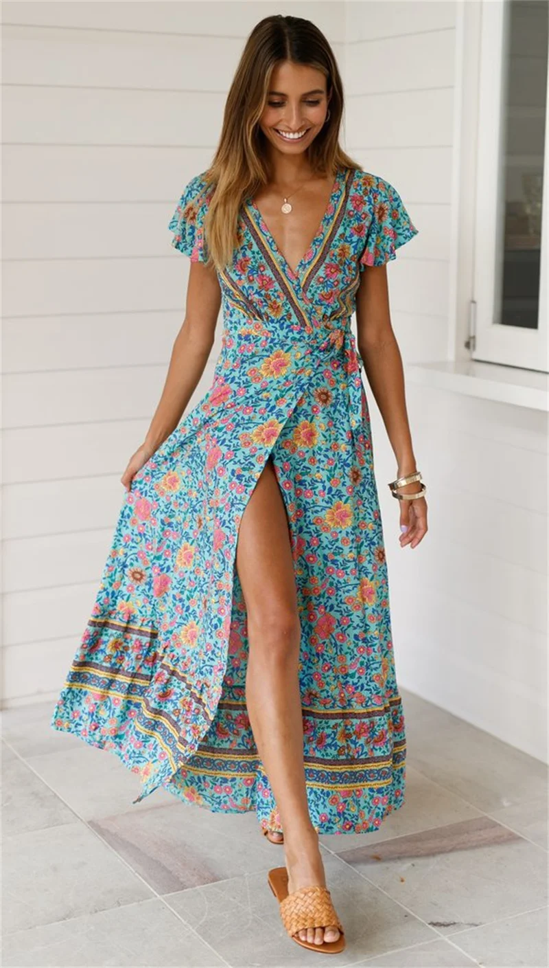 

Female Summer Vacation Casual Elegant Gown Sexy Deep V Neck Dress Women's Botanical Flower Print Shrink Waist A-line Dressy