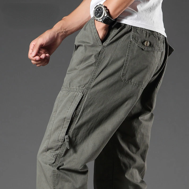 100% Pure Cotton Casual Pants for Men High Waist Loose Cargo