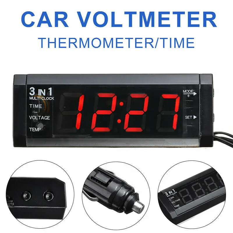 

12V 3 In 1 Car CAR LED Voltmeter Thermometer Clock + LED Clock Digital Display Timer Voltmeter Interior Electronic Accessories