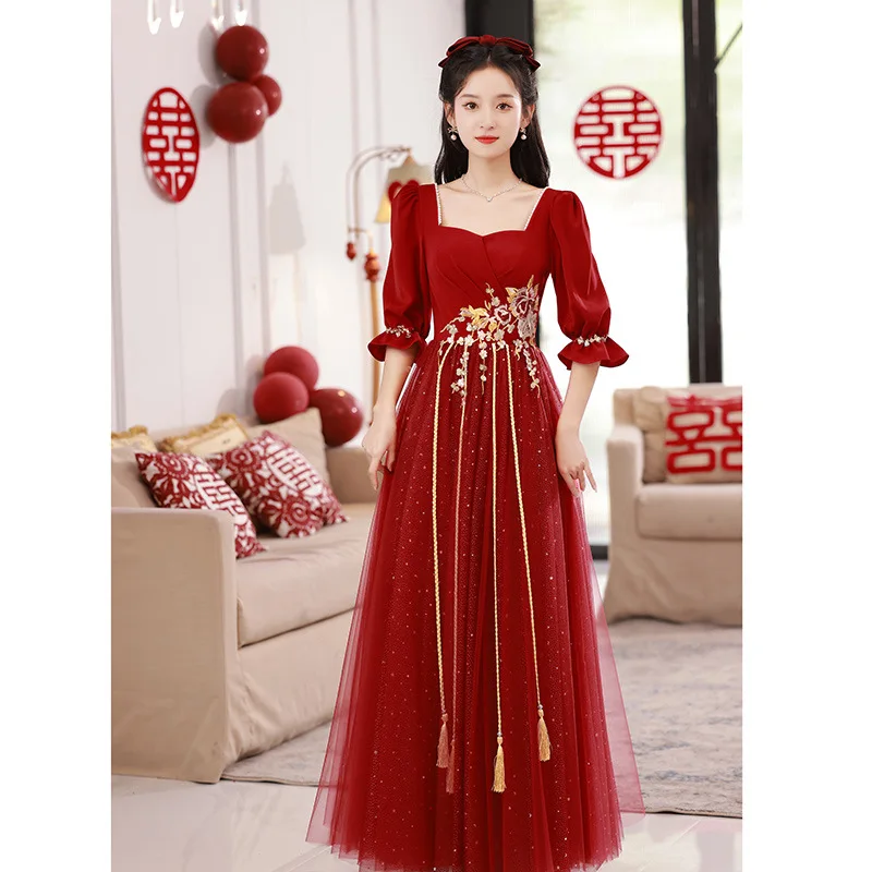 

2023 Chinese Traditional Wedding Dress Toast Clothing Red Back Door Engagement Cheongsams Women Qipao Fromal Party Dresses