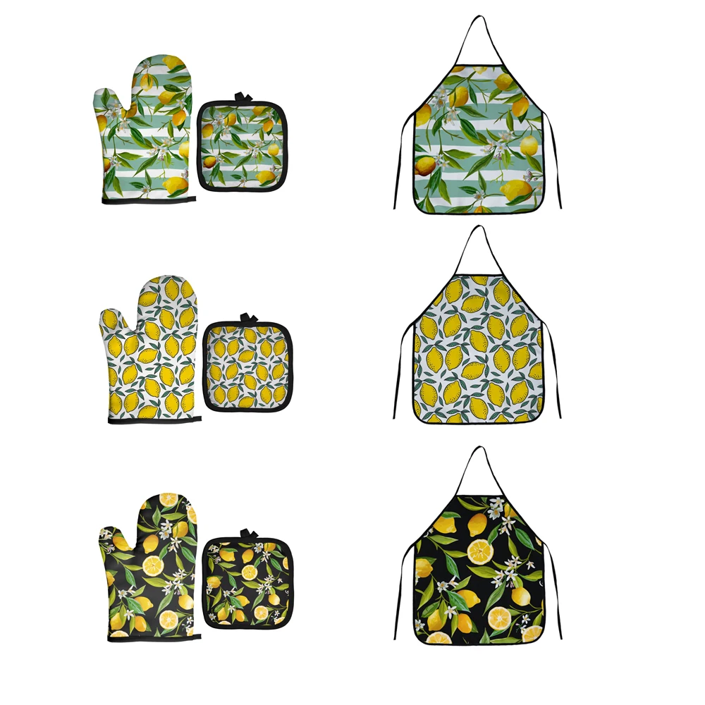 Kitchen Gloves Cotton Pot Holders 2pcs/lot Fruit Print Baking Gloves Oven Mitts Potholders Mat Non-slip Kitchen Cooking Tools Polyester Microwave Gloves and Apron