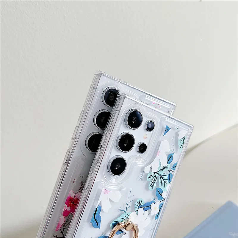 Bloem Ring Telefoon Houder Clear Case voor Samsung A55 S24 Ultra S23 S22 S21 S20 FE Note 20 A15 25 35 14 24 34 54 53 32 52_voghion.com