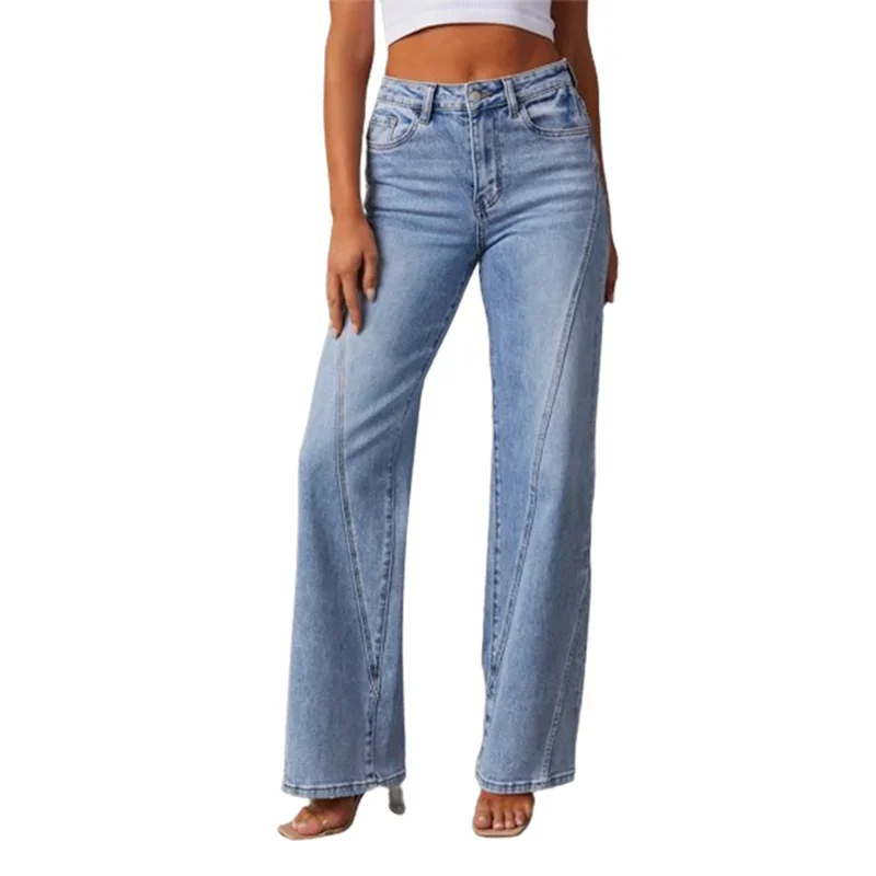 Flamingals Jeans A Gamba Larga Vita Media Per Donna: Pantaloni Larghi In Denim Lavato, Senza Cintura