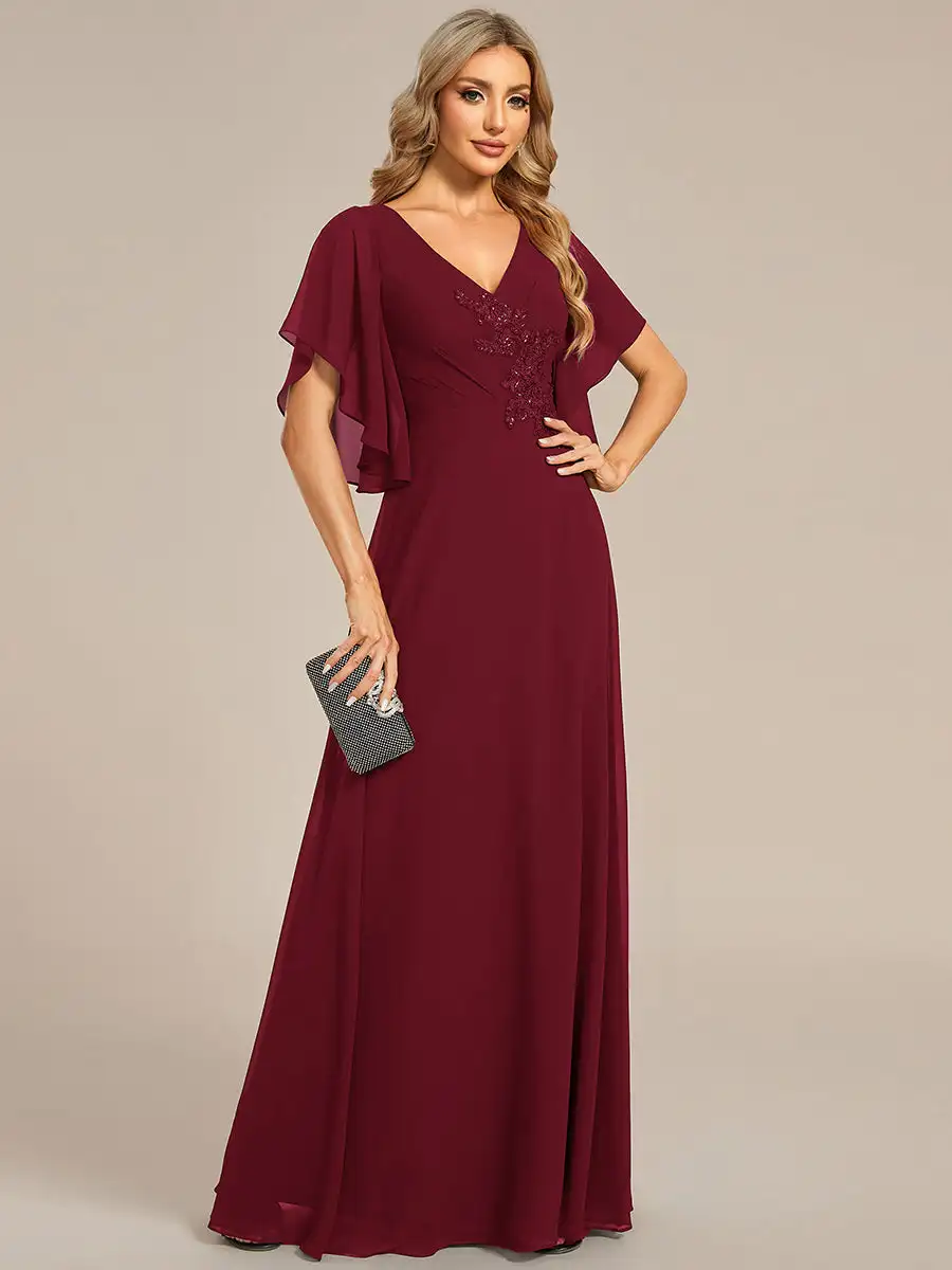 

Elegant Evening Dresses Maxi Long Floral Embroidery With Short Sleeves 2024 Ever pretty of Chiffon Burgundy Bridesmaid dress