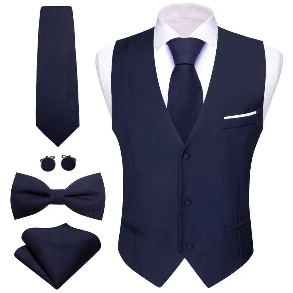 

Luxury Men's Vest Dark Blue Solid Satin Silk Waistcoat Tie Bowtie Hanky Wedding Formal Male Suit Sleeveless Jacket Barry Wang