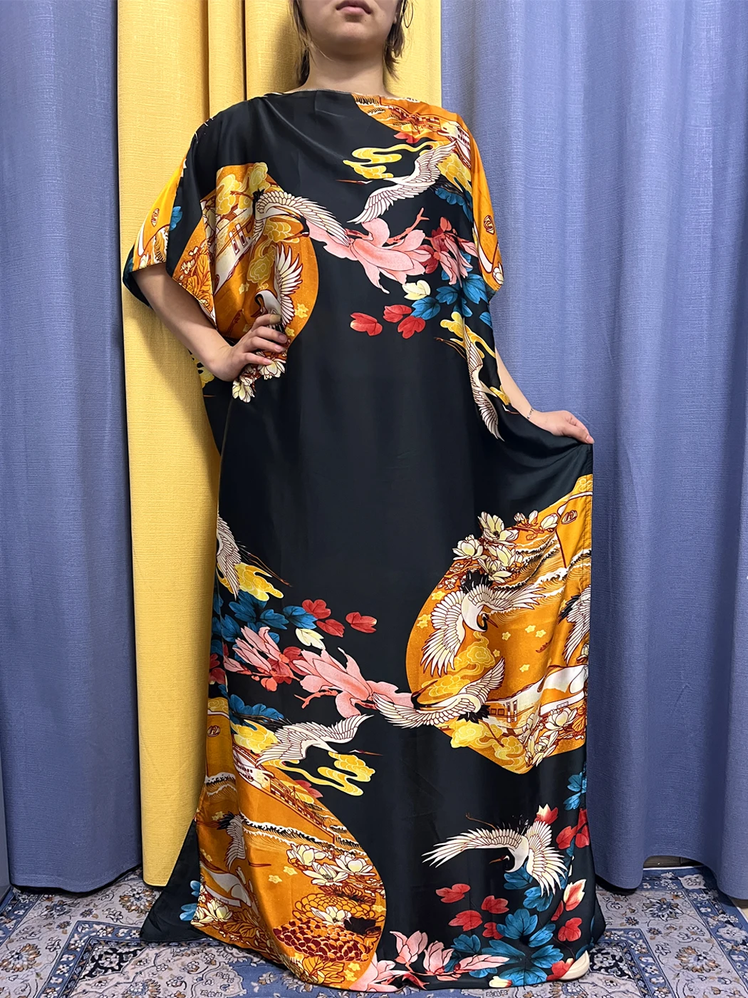 Abayas For Women 2023 Muslim Fashion Silk Print O-neck Short Sleeve Dresses Loose Femme Robe Nigeria Kanga Clothinng With Turban