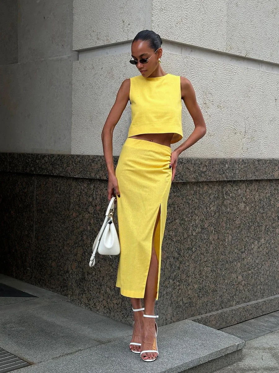 Linen Vest Suit Fashionable Round Neck Sleeveless Top And Side Slit Long Skirt Two Pieces Set Slim Casual Solid Color