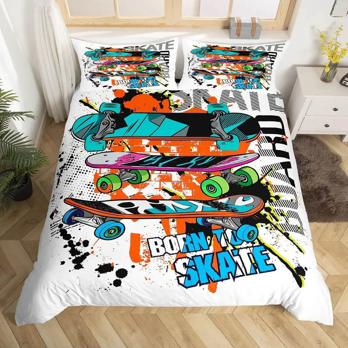 Teens Skateboard Duvet Cover Boys Hipster Graffiti Style Comforter Covers Children Extreme Sports Theme Cool Skate Bedding Set