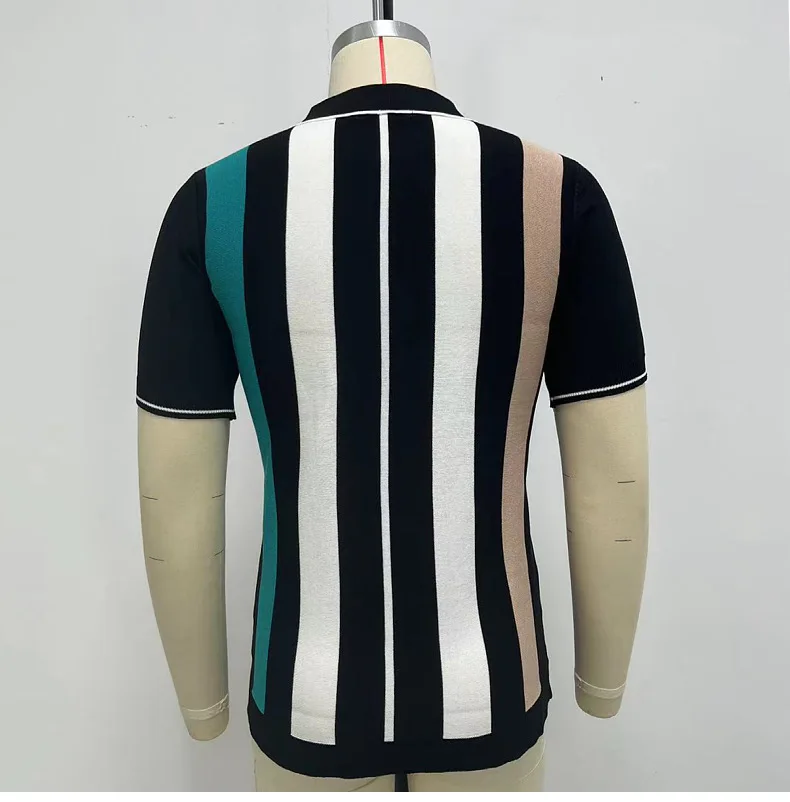2025 New Men's Striped Patchwork Knitwear Summer Men Half Zip Knit Pullovers T-shirt Man Business Casual Short Sleeve Polo Shirt 23 S3131621b80b34438baba621e4b2a7cde0