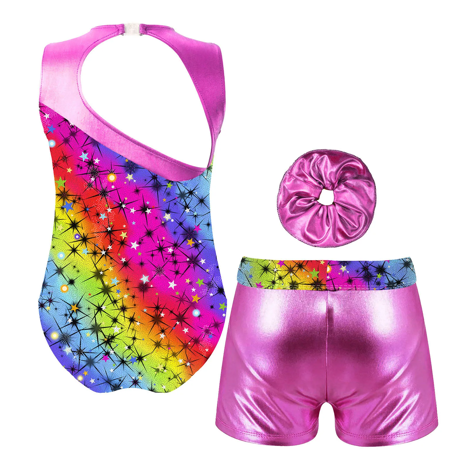 TiaoBug Kids Girls Gymnastics Sport Dance Set Sleeveless Hollow Out Leotard with Shorts and Headband for Competition Performance