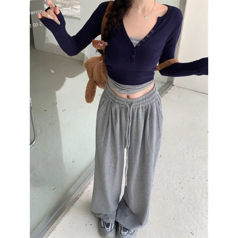 Deeptown Y2k Oversized Sports Gray Sweatpants Woman Baggy Jogging Wide Leg Pants Hip Hop Streetwear  Korean Casual Trousers