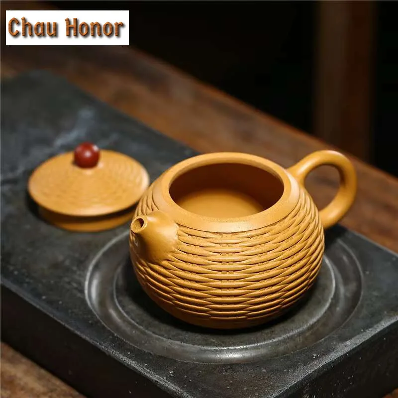 260ml Boutique Yixing Purple Clay Tea Pots Raw Ore Section Mud Xishi Teapot Bamboo Weaving Filter Kettle Handmade Household Gift