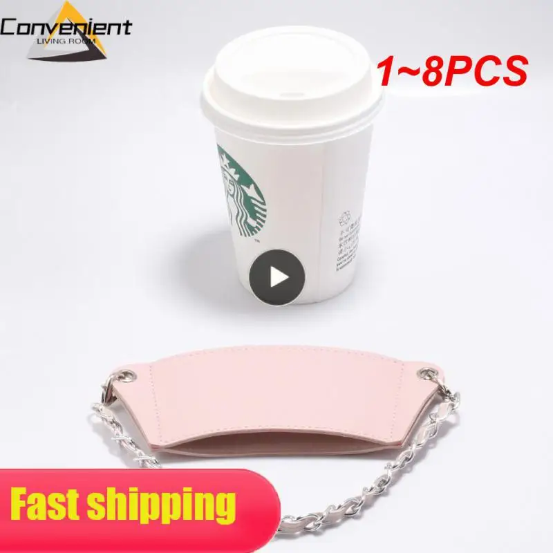 

1~8PCS 350ml Chain Portable Coffee Cup Holder Hanging Portable Cup Paper Cup Leather Case Milk Tea Beverage Cup Bag