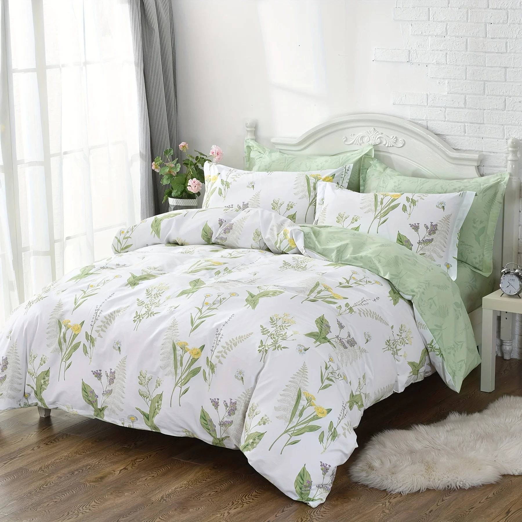 

4pcs Elegant Floral Farmhouse Soft Duvet Cover Set (Without Core), Shabby Daisy Lavender Chic Hidden Zipper Closure 100% Cotton