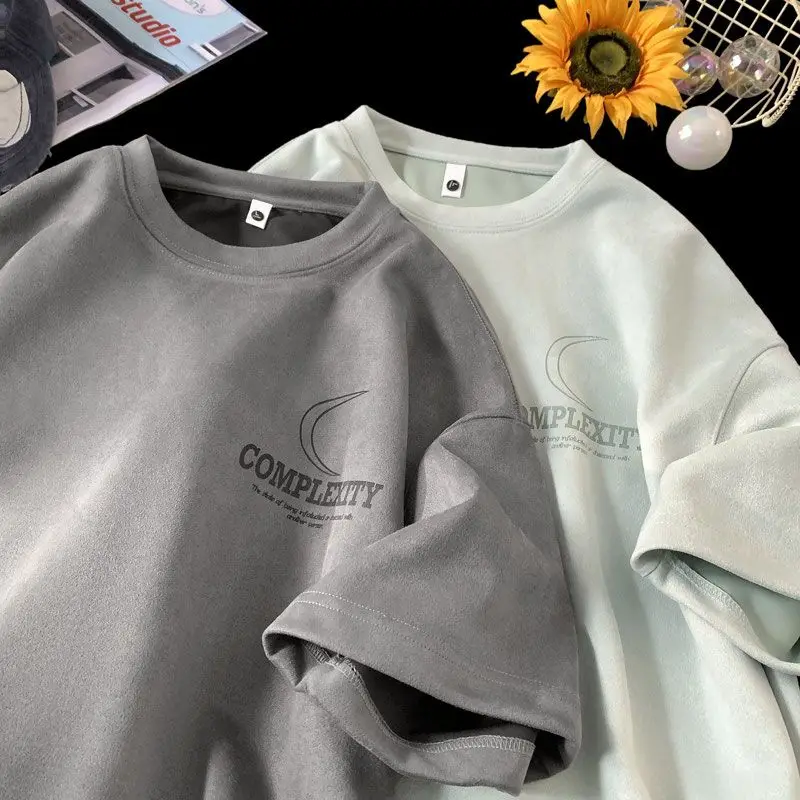 

Korean fashion suede short-sleeved T-shirt for men in summer American high street moon trend printed trendy brand loose T-shirt