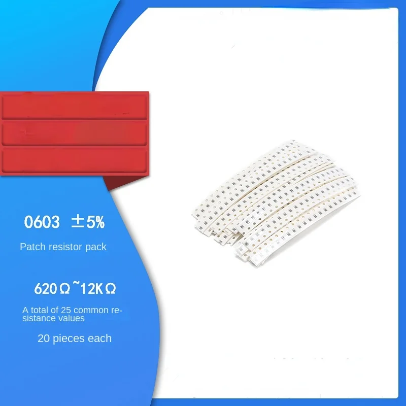 

Посылка резисторов 0603 SMD посылка 620R-12K 5%, всего 25 видов, по 20 штук каждый.