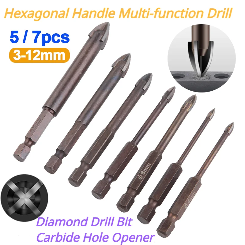 

5/7Pcs Hexagonal Handle Diamond Multi-function Drill Bit Glass Tile Ceramic Concrete Wood Multi-function Hole Opener Drill Bits