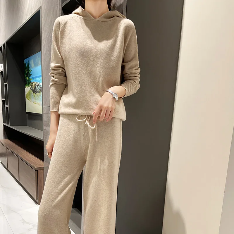 

Pure wool women's suit autumn and winter pullover women's wide leg pants hooded collar loose knitted sweater fashion two-piece s