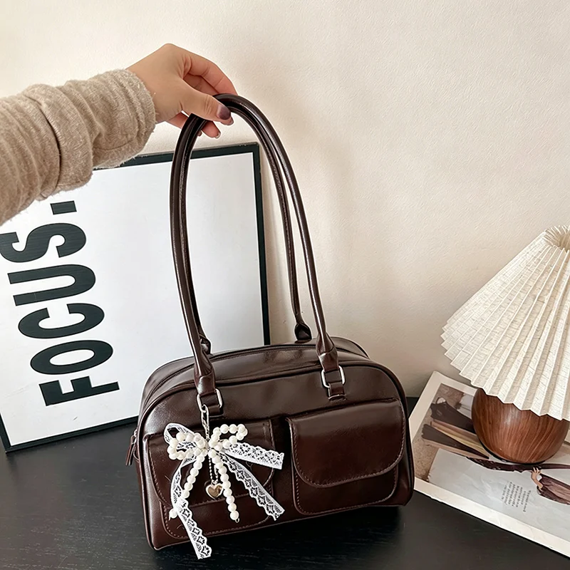 New Large Capacity Brown Bowling Handbag Women's Shoulder Bag Retro Korean INS Style Autumn Winter Fashion Trend Bag