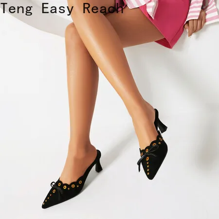 Sexy Women 7cm Small Thin Heel Women Sandals Slipper Shoes Pointed Toe Faux Leather Hollow Slip on Suede Big Size 48