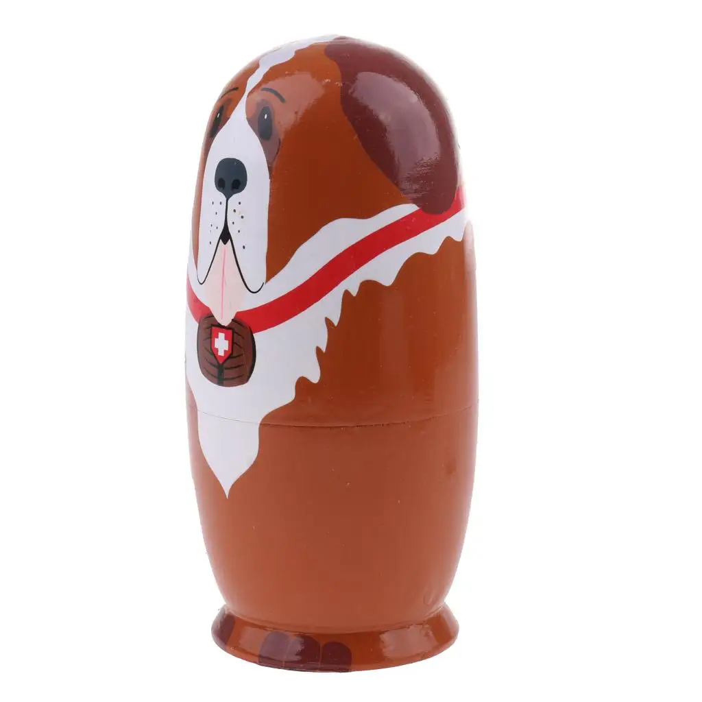 5PCS Handmade Dog Printed Wooden Russian Nesting Dolls Kid Crafts Gift