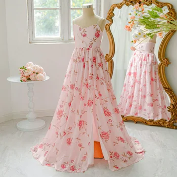 Elegant Flower Print Beach Party Prom Girls Dress High Fork Pink Birthday Princess Dresses Wedding Bridesmaids Graduate Costumes 1