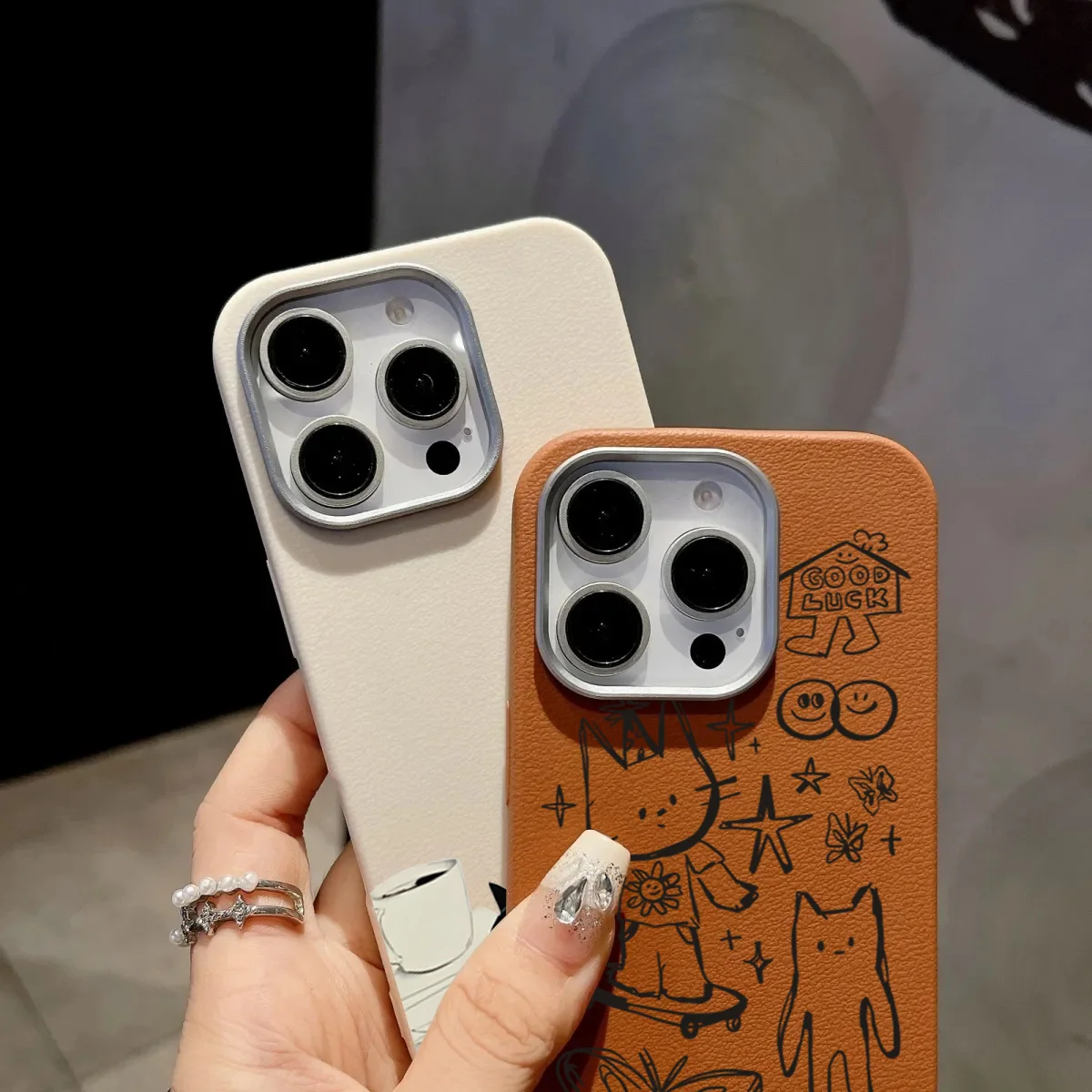 Cartoon Cat Lichee Leather Shockproof Phone Case with TPU Cover
