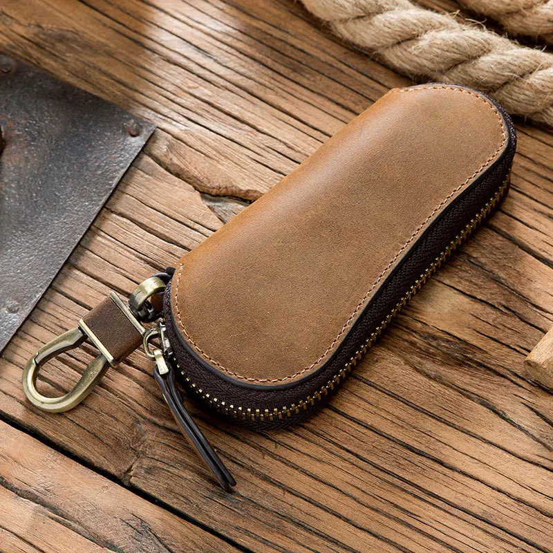 Retro Crazy Horse Leather Car Keycase,Convenient Multi Functional Leather Keycase, Hook Zero Wallet Storage Bag Festival Gifts
