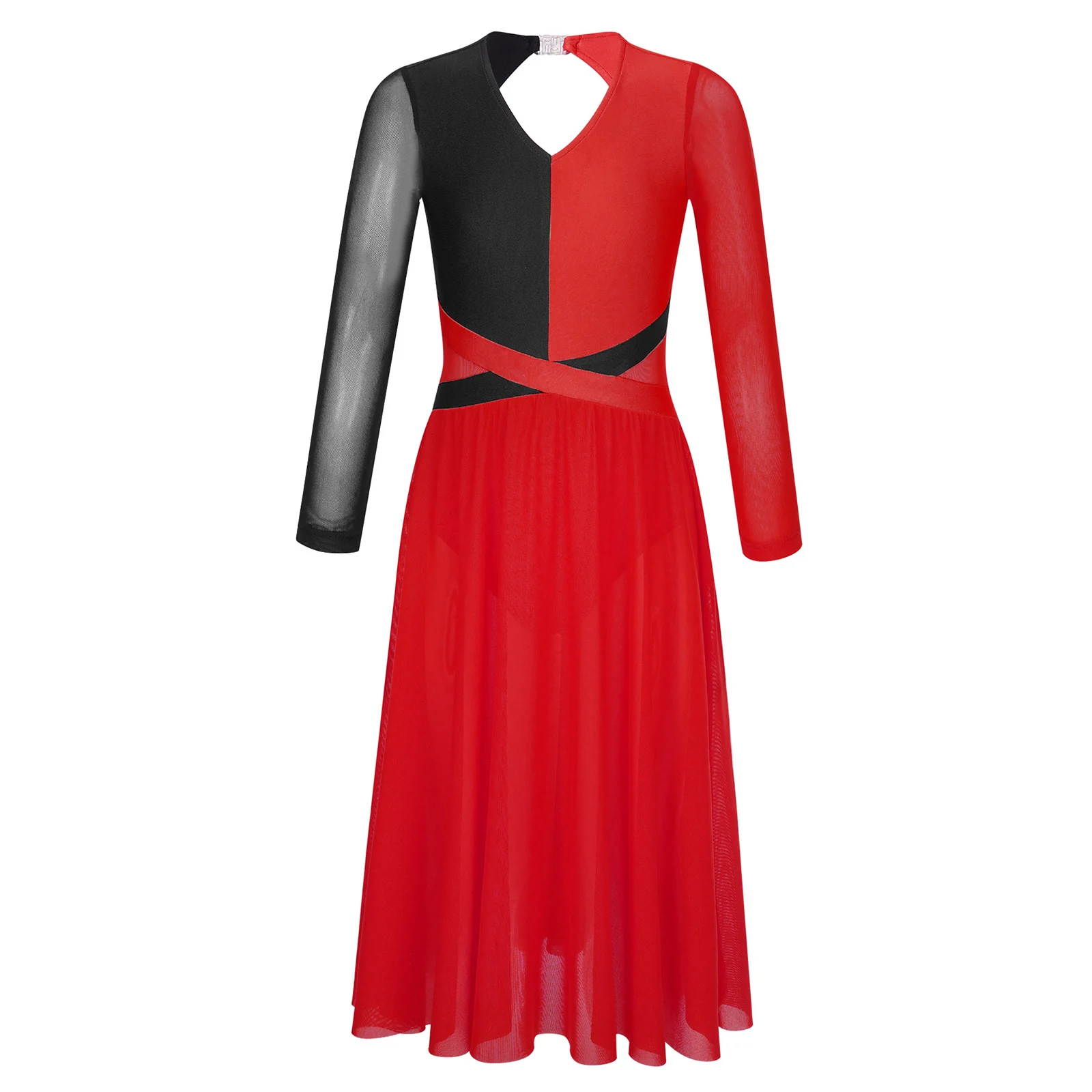 

Kids Girls Ballroom Lyrical Dance Dress Choir Performance Costume Long Sleeve Backless Contrast Color Leotard Dresses Dancewear