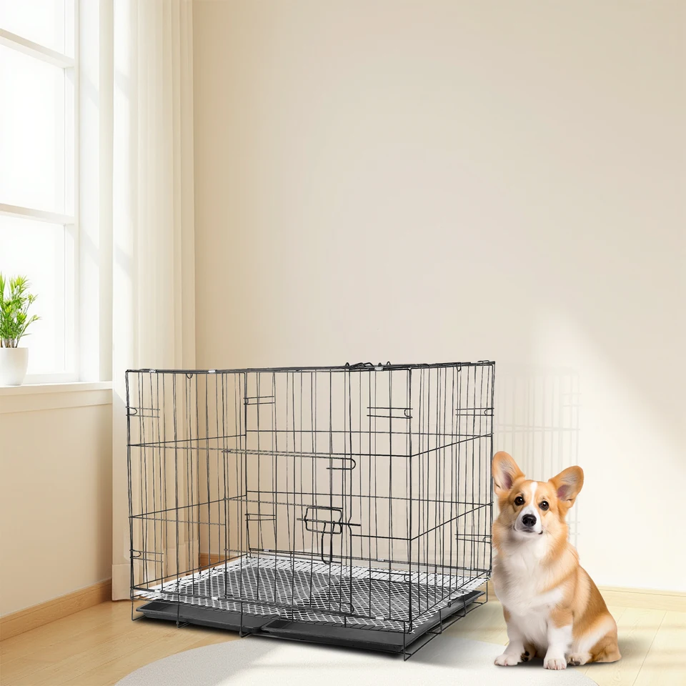 Portable Double Door Metal Dog Cage with Plastic Tray
