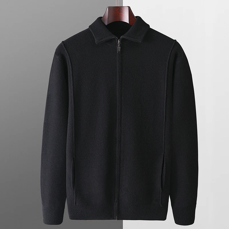 Hot Sale In Autumn And Winter 100% Wool Cardigan Men's Semi-High Collar Zipper Long Sleeve Business Casual Knitted Sweater Coat. 5