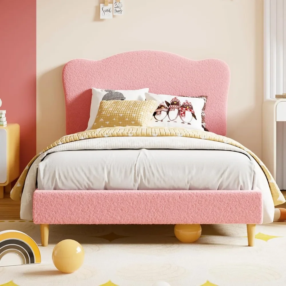 Upholstered Twin Size Bed Frame for Kids with Scallop Headboard, Cute Velvet Twin Bed for Girls, Boys, Sturdy Platform Bed 3