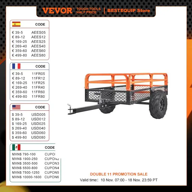 VEVOR Heavy Duty Steel ATV Dump Trailer Tow Behind Dump Cart Garden Trailer with Removable Sides and Tires for Mowers Tractors