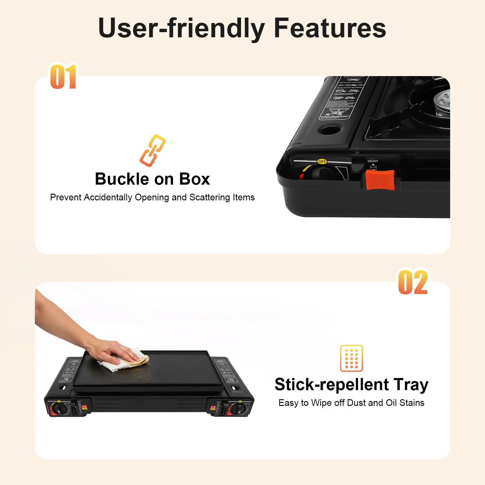 2,5KW Tragbarer Campingkocher 2 Brenner Butan LPG Gaskocher mit Backblech für Outdoor-Picknicks und Camping, Piezoelektrische Zündung – Detail 6