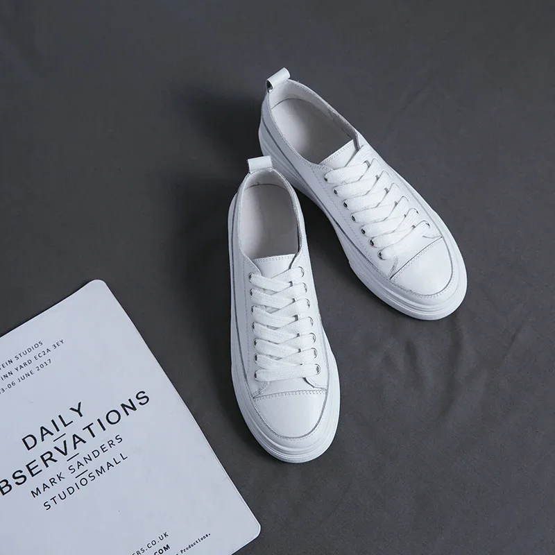 VANGULL Genuine Leather shoes autumn cow leather flat bottom loafers white shoes ladie sneakers Vulcanized