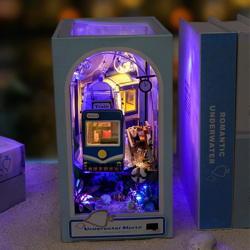 DIY Wooden Book Nook Shelf Insert Kit Ocean Room Doll Houses Underwater House Bookends Miniature Building Kits Bookshelf Gifts 2
