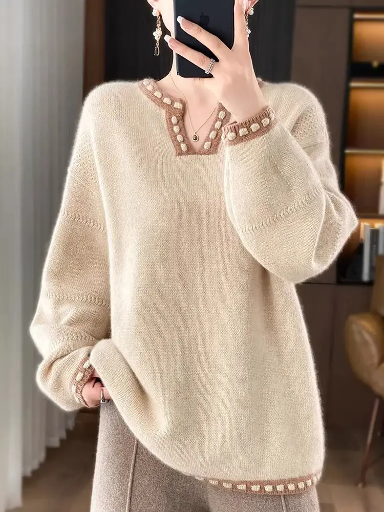 

Women's Pullover Autumn Winter New 100% Wool Sweater Casual Solid Color Knitted Tops V Neck Ladies Clothes Loose Blouse