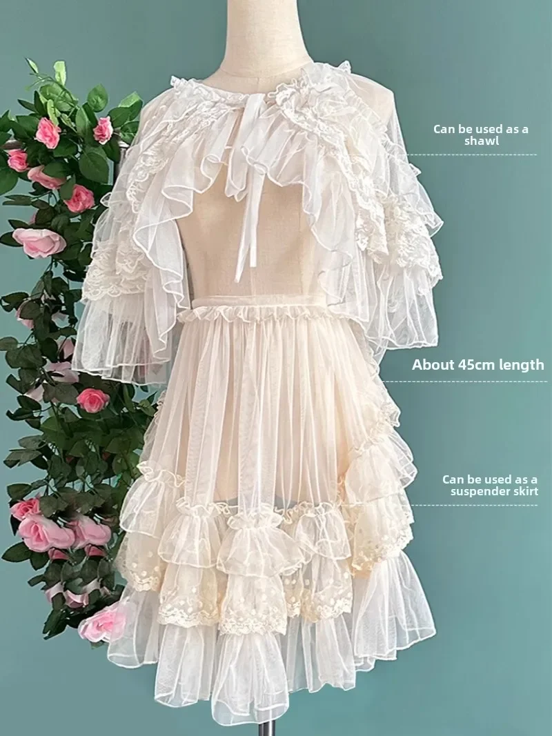 Lolita Kurze Schal Mantel Frauen Süße Kawaii Spitze Mesh Vorne Offen Poncho Gothic Mädchen Retro Nette Prinzessin Capes Oberbekleidung – Detail 10