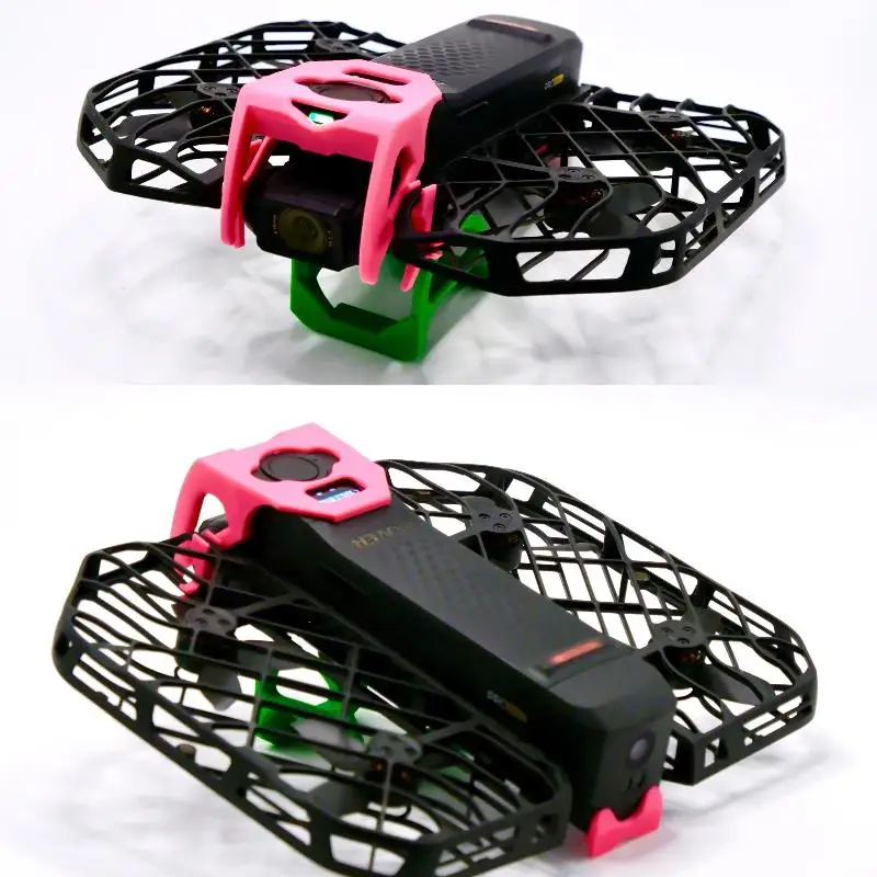 Support de transport pour drone en PLA imprimé 3D, vue de côté montrant les trois couleurs disponibles : noir, blanc et bleu.
