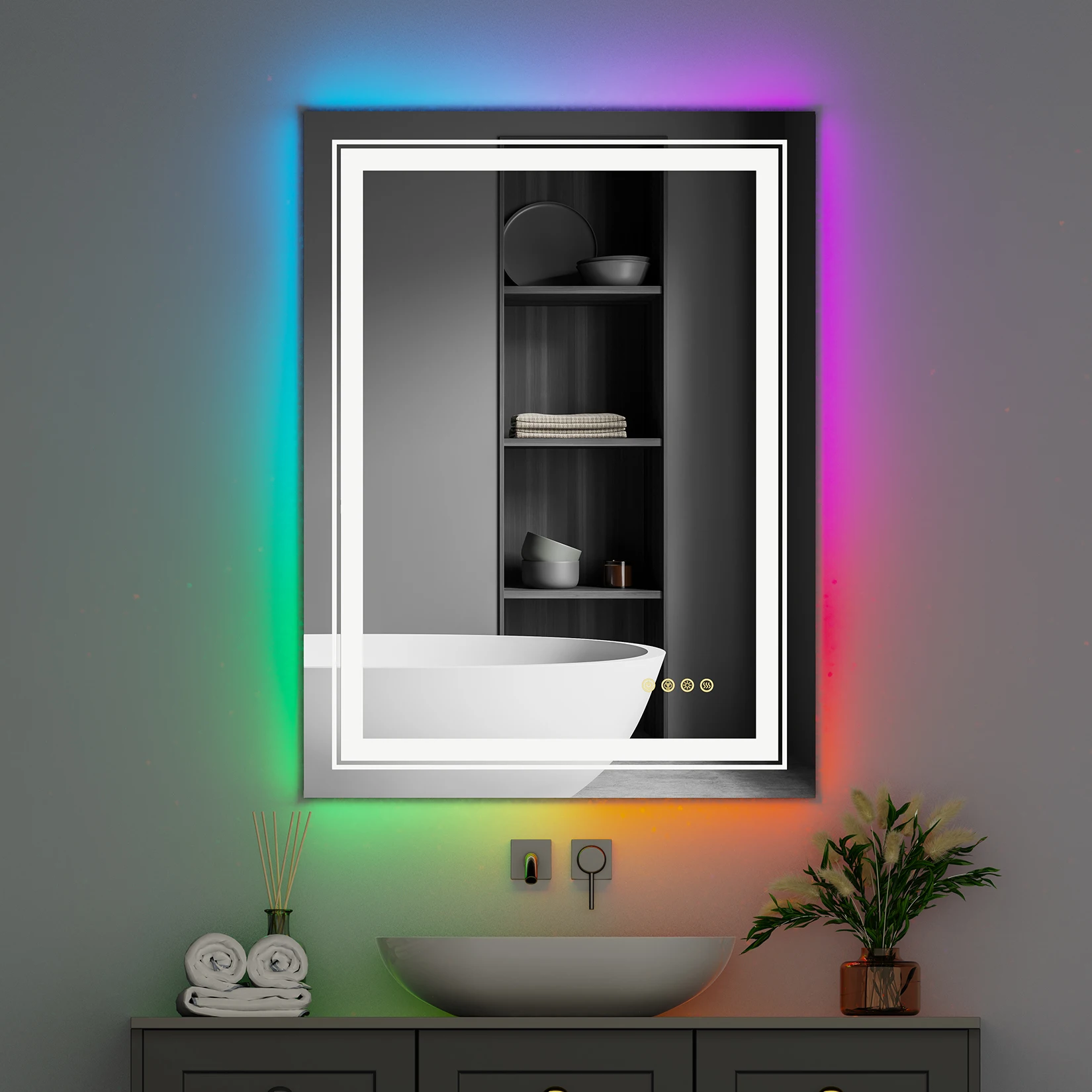 Espejo LED de tocador de baño de 72 x 32 pulgadas con luces RGB que cambian  de color, espejo de baño retroiluminado regulable, espejo LED antivaho