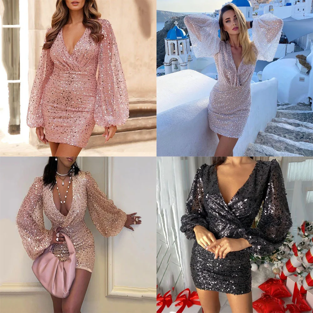 

2023 new cross-border European and American women's Amazon wish dress long sleeve V-neck sequins waist pocket hip skirt